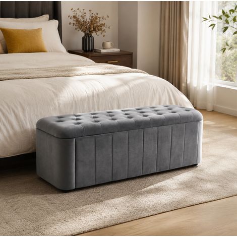Chaise banc tabouret velours avec rangement gris HAVRYA (1/5)