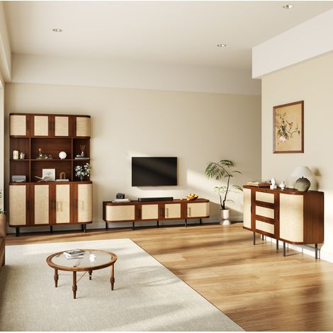 Conjunto de salón con mueble TV, aparador y columna de MDF color nogal, 3 piezas OKMYHOME (1/5)