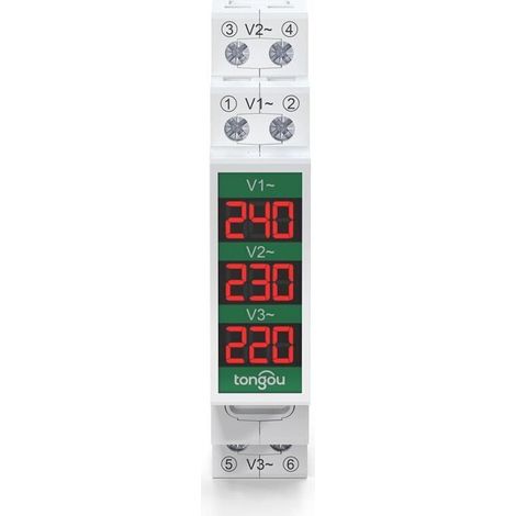 Mini modular DIN rail-mounted three-phase voltmeter with LED digital display – AC 60–450 V gauge detector (1/4)