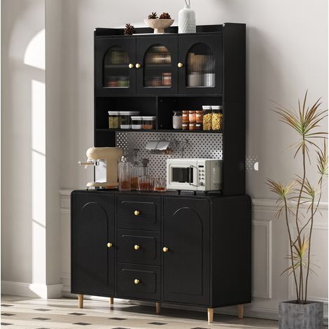 Mueble alto de almacenaje negro con panel perforado, cajones y patas de madera (1/5)