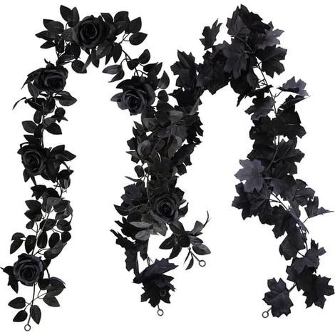 Guirlande d'Halloween (2 pièces) de 1,75 m, guirlande de roses noires avec feuilles d'automne, pour décoration intérieure et extérieure (noire) - idéale pour une fête d'Halloween, une chambre ou un bu (1/5)