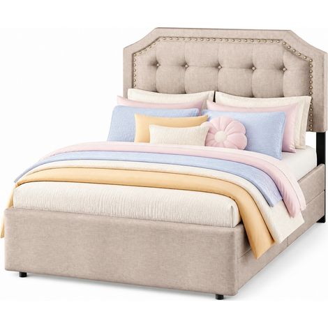 Lit capitonné 90x200 cm avec deux tiroirs, tête de lit réglable, revêtement tissu beige foncé, boutons décoratifs et structure MDF, pour chambre adulte CHICFURN (1/5)