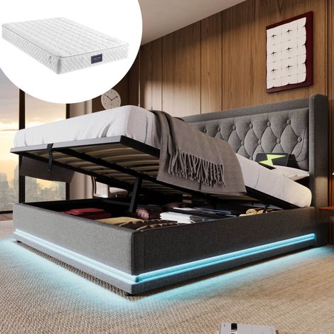 Cama dormitorio con almacenaje LED USB gris 160x200 OKMYHOME (1/5)