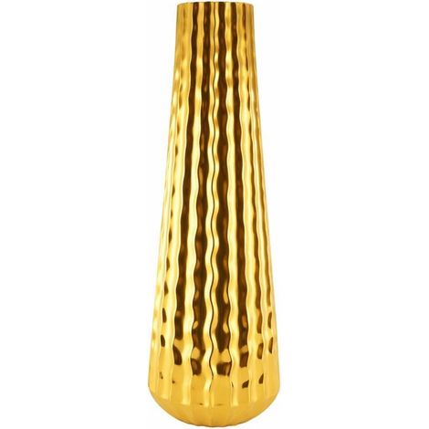 Vase Décoratif en Céramique Dorée Motif Vagues en Relief 15,5 x 15,5 x 55,5 cm - PANGIVO (1/3)