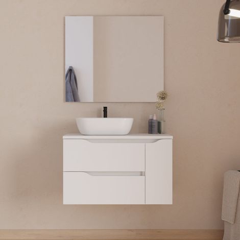 Meuble de salle de bain 80cm avec plateau, vasque à poser déportée à gauche Zeus et miroir - 2 tiroirs et un placard - blanc - ZARZA