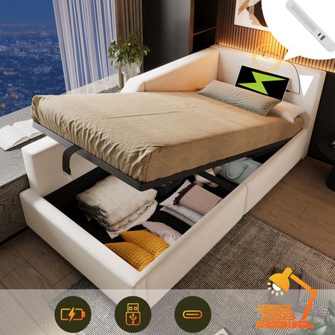 Diván tapizado 90/200 cm beige de terciopelo con arcón, luz de lectura y USB-C (1/5)