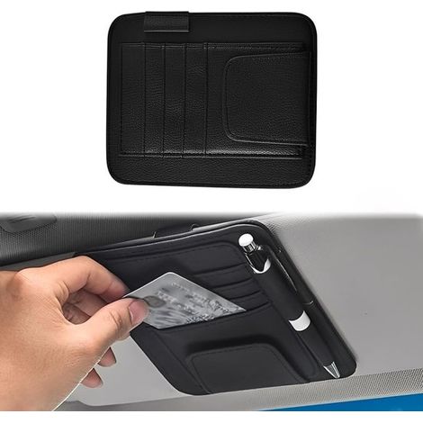 Porta occhiali da sole per auto - Organizer multifunzionale per occhiali da sole, carte di credito e penne con fissaggio all'aletta parasole. (1/5)
