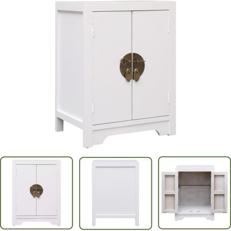 The Living Store Table de chevet Blanc 38 x 28 x 52 cm Bois de Paulownia - Table De Chevet - Meuble De Chambre - Table Nuit - Armoire Latérale - Mobilier Oriental (1/5)