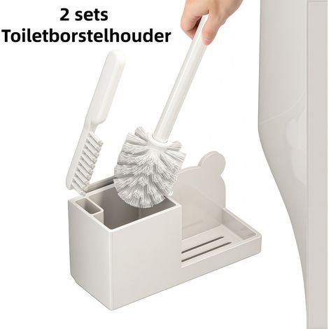 Lot de 2 porte brosses WC muraux avec fixation sans perçage pour salle de bain brosses longues pour nettoyage ménager version améliorée avec 2 brosses couleur blanche (1/5)