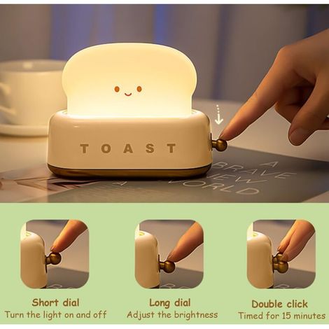 Veilleuse LED rose en forme de toast, lampe de chevet enfant rechargeable, luminosité réglable, avec fonction minuterie, cadeau d'anniversaire (1/3)