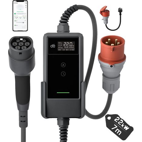 Cargador para vehículos eléctricos, potencia de 22 kW, opciones de corriente flexibles, aplicación de montaje en pared de 7 m (1/2)