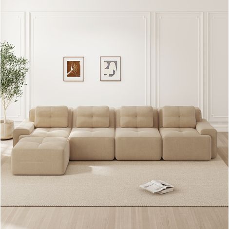 Canapé d’angle modulable 4 places en corduroy beige, avec méridienne, sans montage (1/5)