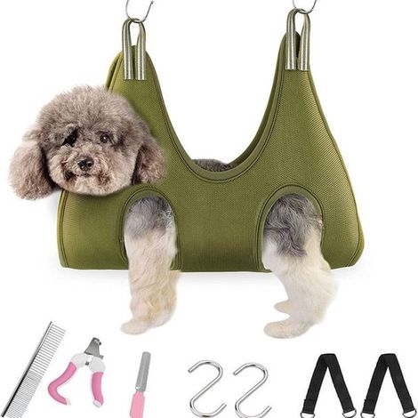Borsa per il trasporto di cani e gatti, amaca per la toelettatura 8 in 1, borsa per il trasporto e il taglio delle unghie con 2 ganci a S, tagliaunghie e lima, taglia M: 70x50 cm (verde) (1/4)