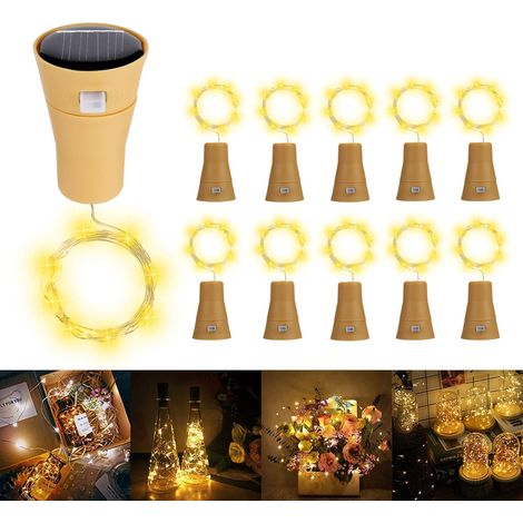 Lot de 10 Guirlandes Lumineuses LED Solaire Bouchon de la Bouteille 1m 10 LEDs Fil de Cuivre Lumière Décorative pour DIY Bouteille Bar Chambre Mariage Noël Halloween Fête - Blanc Chaud (1/5)