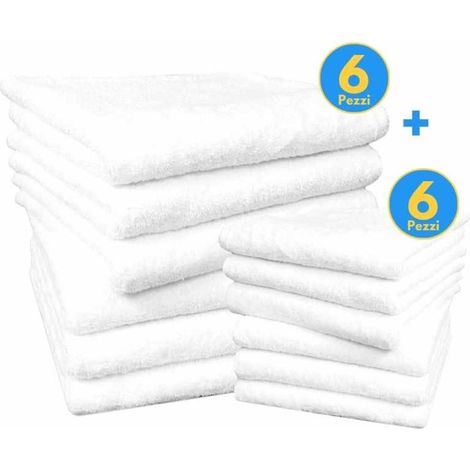 TRADE SHOP - Set 12 Asciugami Bagno Viso Ospite 6 + 6 Per Hotel Albergo Pa Bianco 100% Cotone -