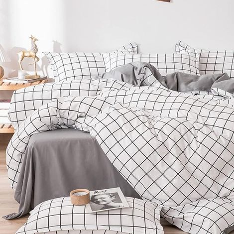 Housse de Couette 200x230 à Carreaux - Parure de Lit en Microfibre Réversible Blanc et Gris avec Fermeture éclair - Linge de Lit Adulte 2 Personnes Taie d'oreiller 50 x 75 cm