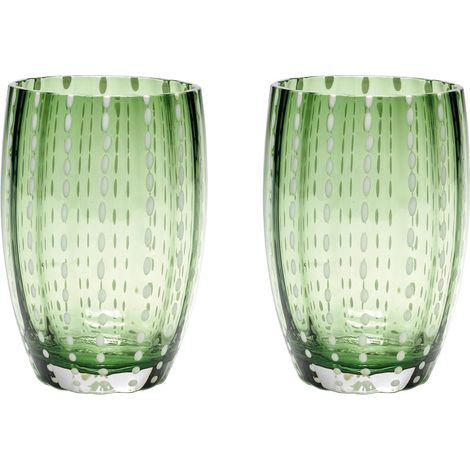 Zafferano Perle Bicchiere Verde inglese - Vetro Colorato Soffiato a Bocca, 32 cl, Lavorato a Mano - Set da 2 Tumblers Artigianali per Acqua o Cocktail