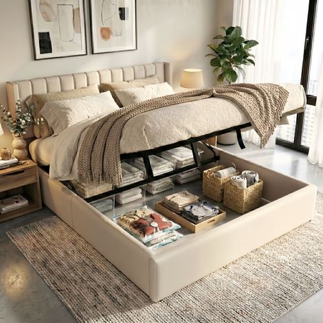 Cama canapé doble 160x200 cm, cabecero con rayas verticales, somier de láminas de madera, estructura de metal, tejido de lino, ideal para adultos y adolescentes, cama tapizada con sistema hidráulico, (1/5)