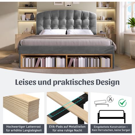 Lit double 140x190, sommier à lattes inclus, tissu velours gris, tête de lit courbée réglable en hauteur, cadre avec tiroirs de rangement, canapé-lit de chambre sans matelas. (1/5)