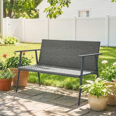 Banc de Jardin 2 places en Résine Tressée et Acier, avec Accoudoirs, Dossiers et Pieds Réglables, 110x58x78cm, Gris (1/5)