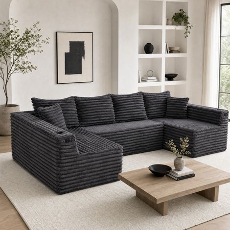 Divano modulare a U in velluto a coste grigio scuro con portabicchieri, tasche e cuscini (1/5)