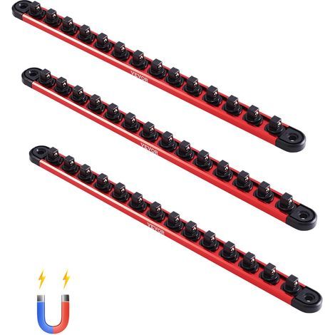 Kit Organisateurs de Douilles en Rails Aluminium, Lot de 3, Plateaux de Douilles Métriques SAE 1/4'', 3/8'', 1/2'', avec Clips Rotatifs 360° pour Boîte Outils, Capacité 40 Douilles, Rouge & Noir (1/5)