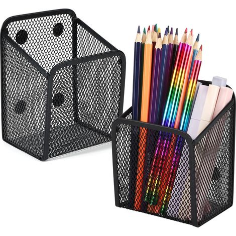 Lot de 2 Organisateurs Magnétiques pour Bureau en Maille Métallique Noir: Porte-Stylos et Panier de Rangement Magnétique (1/5)