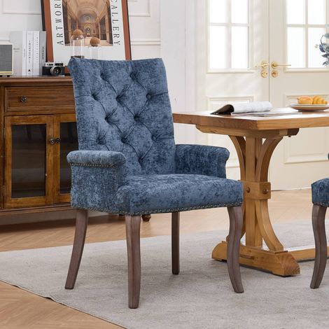 Silla de comedor acentuada de tela chenille tapizada, patas de madera maciza curvadas, elegante silla de comedor de club con respaldo, paquete individual, azul, DE1895BL (1/5)