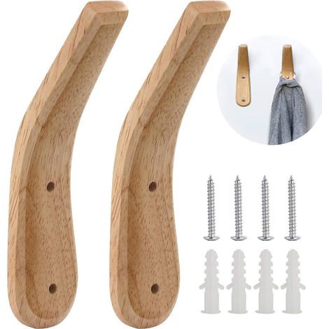 Lot de 2 patères en bois, crochets muraux pour vêtements, patères en bois de hêtre naturel, porte-chapeaux et serviettes pour chambre à coucher (1/4)
