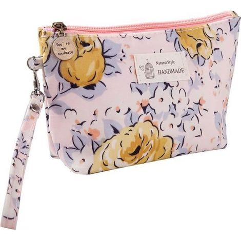 Sac De Rangement - Tissu Impermeable - Fermeture Eclair - Imprimé Fleurs - 20 X 12,5 Cm - 1 Pièce