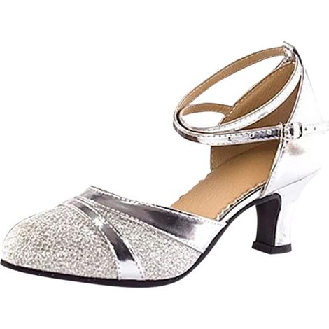 Décolleté da donna senza lacci con tacco medio e punta affusolata. Scarpe da ballo con tacco basso e cinturino. Scarpe da ballo in pelle glitterata. Punta affusolata. Tacco a spillo. Scarpe da ballo l
