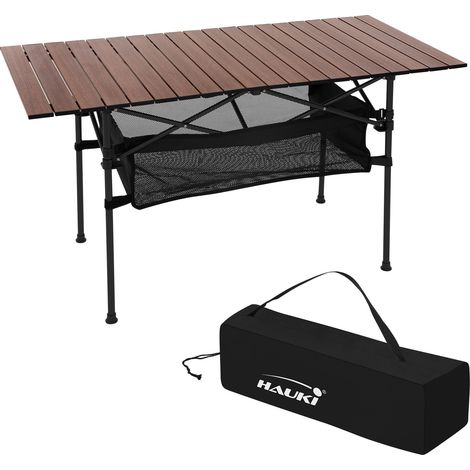 Hauki Campingtisch faltbar Braun, 118 x 55 x 64,5 cm, Aluminium Klapptisch, Aufrollbare Tischplatte, Falttisch klappbar, Gartentisch Balkontisch Reisetisch Rolltisch Markttisch inkl. Tragetasche