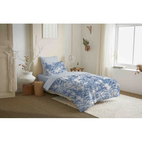 Pack complet housse de couette réversible "Vanessa" 4 pièces pour lit 90 x 190 Adama Azur
