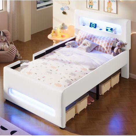 Letto a piattaforma imbottito in PU bianco, 90x200 cm, con cassetto contenitore, scalini, illuminazione a LED e base a doghe. (1/5)