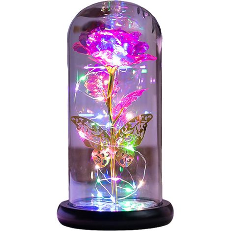 Rose artificielle Galaxy sous cloche en verre, papillon et lumière LED colorée (idéal cadeau)