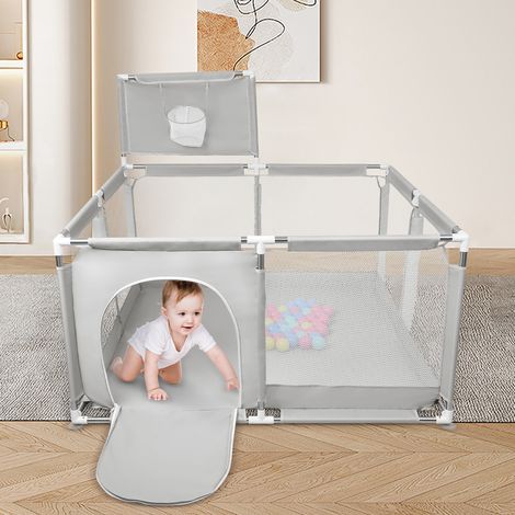 Laufstall mit atmungsaktivem Netz, großer Spielfläche, Mini-Basketballkorb und 50 Bällen – Grau, 126 x 126 x 66 cm (1/5)