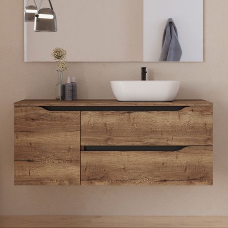 Meuble de salle de bain 120cm avec plateau et vasque à poser déportée à droite Zeus - sans miroir - 2 tiroirs et un placard - tabaco (bois foncé) - ZARZA (1/5)