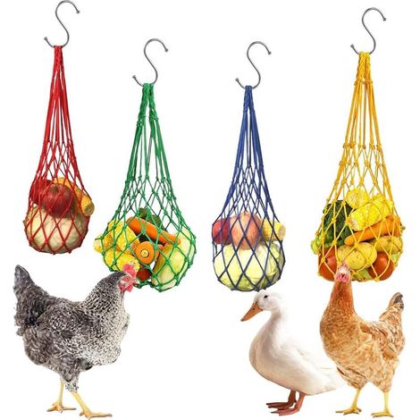 4 Pcs Filet Poules, Filet à Suspendre pour Poulet, Poulet Sac De Maille d'alimentation, avec Crochet pour Canards Oiseaux Lapins Perroquet, pour Poulailler, Cage à Oiseaux, pour Légumes, Fruits