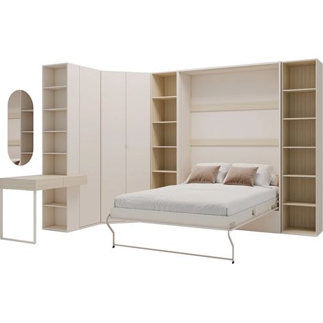 Lit escamotable vertical 140 x 200 cm - Avec 2 bibliothèques, armoire, coiffeuse et armoire d'angle - Beige et naturel - NILODIA (1/4)