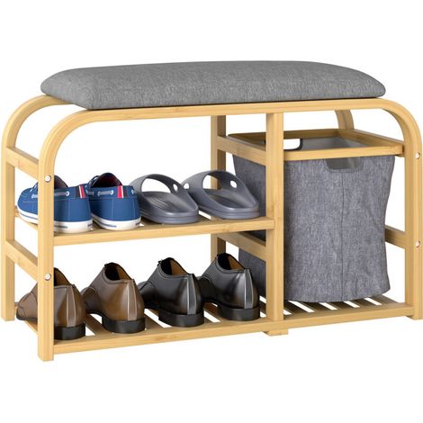 Banc à chaussures avec coussin d'assise, 2 étagères à lattes et panier en tissu coulissant, 70x30x45cm, bois naturel (1/4)
