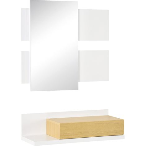 Set di Mobili da Ingresso con Specchio e Cassetto, Arredamento Moderno in Legno con Specchiera 40x70cm, Fissaggio a Muro