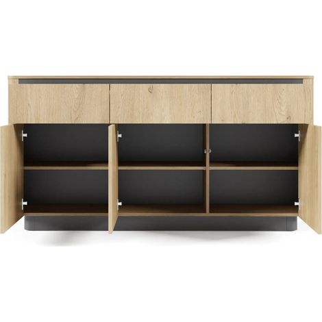POPPY - Buffet 3 portes 163 cm effet chêne Cremona et noir - Chêne clair