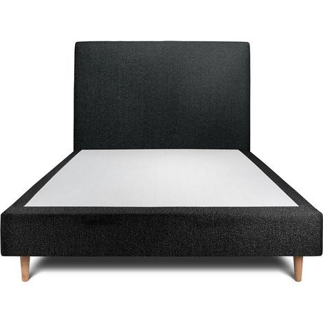 Lit 150x200cm avec tête de lit tapissier bouclette et sommier tapissier Noir - Hauteur totale : 35cm (1/5)