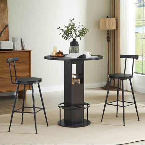 Bar-Tisch- und Hocker-Set aus Spanplatte und Stahl, schwarz, Rundtisch Ø 80 cm, 3-teilig mit 2 Hockern und Ablage (1/5)