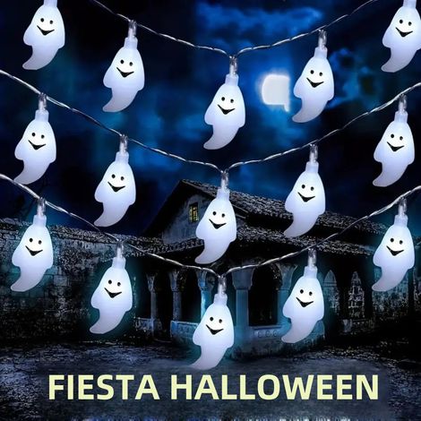 Guirlande lumineuse d'Halloween (6 m, 40 LED blanches), guirlande lumineuse décorative fantôme, fonctionne sur piles (1/3)