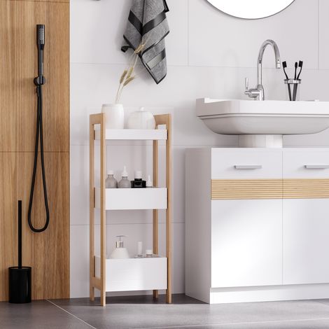 Étagère de salle de bain à 3 niveaux en bambou, idéale pour la cuisine, le salon ou la buanderie. Dimensions : 27,5 x 20,8 x 74 cm. Couleurs : blanc et naturel.