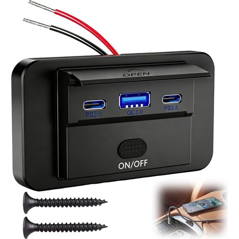 Prise USB 90W Encastrable 12V Chargeur Voiture Double USB C 36W et QC3.0 18W avec Interrupteur Prise Charge de Remplacement pour Camping Car Moto Bateau Camion Marine (1/5)