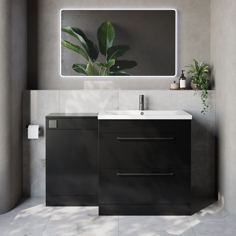 Napoli 460 Matt Black 1300mm 2 Drawer Vanity Unit Toilet Suite with Glide Basin - 1300mm - Gunmetal Grey 480mm HandleWithout Kingston Toilet Pan