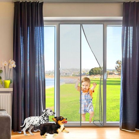 Moustiquaire porte Fenetre 150 x 220 cm Magnétique Fermeture Automatique Rideau Porte Anti insectes avec Aimants et Bande Adhesive Sans Perçage Gris (1/4)