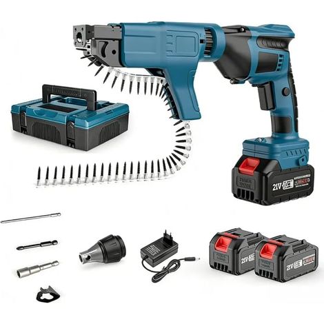 Visseuse plaques de plâtre sans fil 21V Moteur Brushless, 2 batteries lithium‑ion 3000mAh, 5000 tr/min, alimentation automatique vis, lampe LED, butée de profondeur pour rénovation intérieure (1/4)